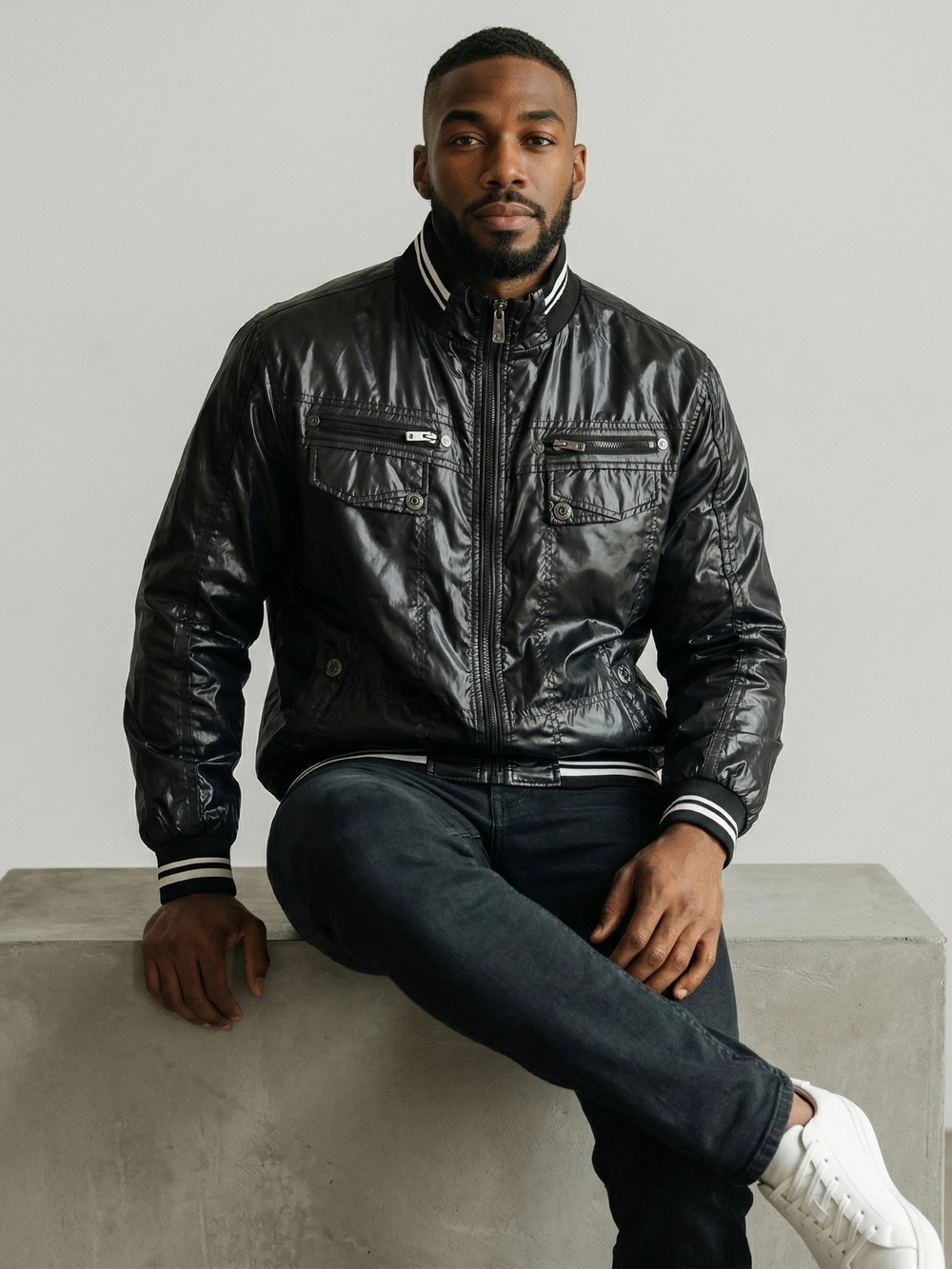 Black Shiny Bomber Jacket New without tag 3XL